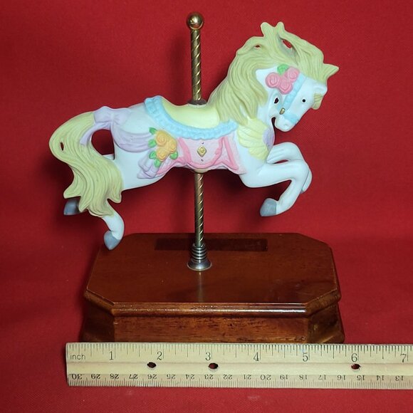 Musical Carousel Horse Bisque Porcelain Wood Base Plays Wind Beneath My Wings - Picture 9 of 12